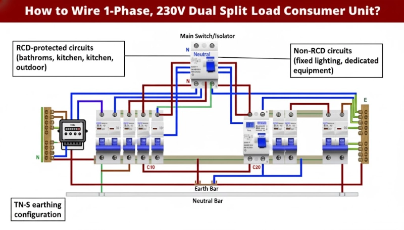 Consumer Unit Wiring Diagram showing Split Load RCD