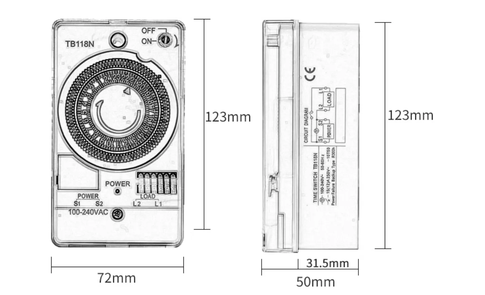 Mechanical Timer Switch TB118N Dimension