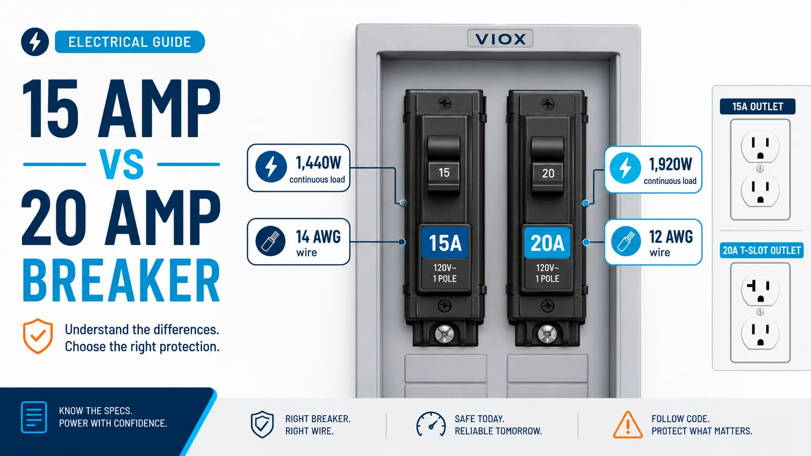 15 Amp vs 20 Amp Breaker: Watts, Wire Size, Outlet Rules, and When to Upgrade