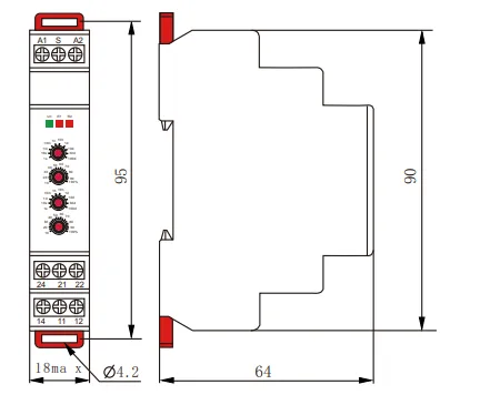 FCT18-WgR Asymmetrical On-Delay and Off-Delay Timer Relay with Control Signal dimension