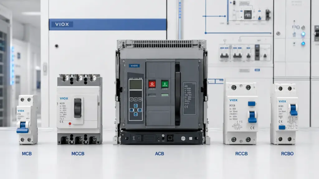 Types of Circuit Breakers: MCB, MCCB, ACB, RCCB, RCBO, and Selection Guide