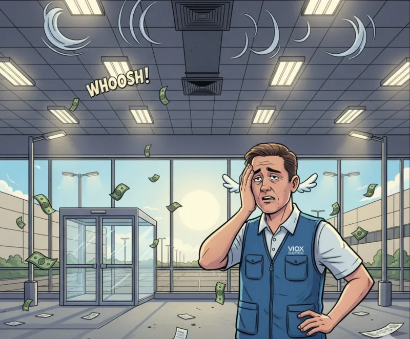 comic-book style illustration of energy waste in a factory/office, complete with flying dollar bills