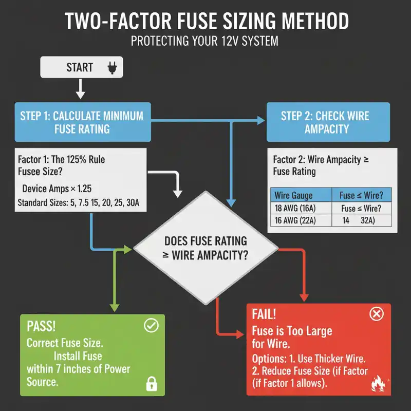 2V fuse sizing flowchart using two-factor check method for electrical safety