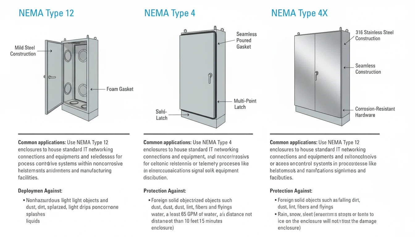 Construction differences between NEMA 12 (indoor gasketed), NEMA 4 (outdoor hose-down sealed), and NEMA 4X (corrosion-resistant stainless steel)