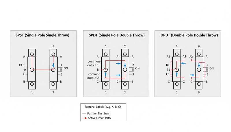 Contact arrangement diagram illustrating common pole and throw configurations