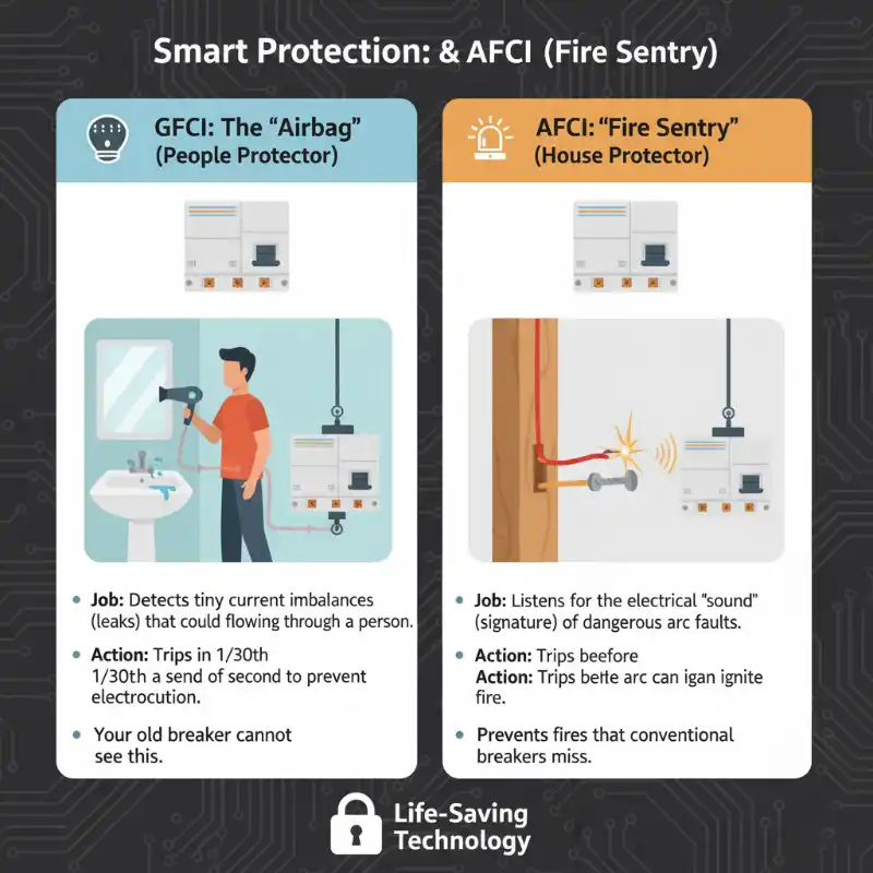 Smart Protection: GFCI (The Airbag) & AFCI (The Fire Sentry)