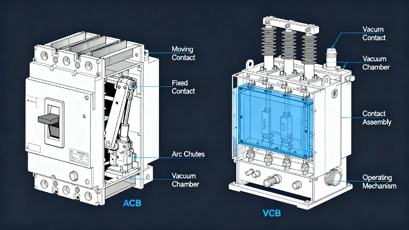 You're staring at two circuit breaker datasheets for your 15kV switchgear project. Both show voltage ratings up to 690V. Both list impressive breaking capacities. On paper, they look interchangeable.
They're not.
Choose wrong—install an Air Circuit Breaker (ACB) where you need a Vacuum Circuit Breaker (VCB), or vice versa—and you're not just violating IEC standards. You're gambling with arc flash risk, maintenance budgets, and equipment lifespan. The real difference isn't in the marketing brochure. It's in the physics of how each breaker extinguishes an electrical arc, and that physics imposes a hard Voltage Ceiling that no datasheet disclaimer can override.
Here's what actually separates ACBs from VCBs—and how to choose the right one for your system.

Quick Answer: ACB vs VCB at a Glance
The core difference: Air Circuit Breakers (ACBs) quench electrical arcs in atmospheric air and are designed for low-voltage systems up to 1,000V AC (governed by IEC 60947-2:2024). Vacuum Circuit Breakers (VCBs) extinguish arcs in a sealed vacuum environment and operate in medium-voltage systems from 11kV to 33kV (governed by IEC 62271-100:2021). This voltage split isn't a product segmentation choice—it's dictated by the physics of arc interruption.
Here's how they compare across critical specifications:

Specification
Air Circuit Breaker (ACB)
Vacuum Circuit Breaker (VCB)

Voltage Range
Low voltage: 400V to 1,000V AC
Medium voltage: 11kV to 33kV (some 1kV-38kV)

Current Range
High current: 800A to 10,000A
Moderate current: 600A to 4,000A

Breaking Capacity
Up to 100kA at 690V
25kA to 50kA at MV

Arc Quenching Medium
Air at atmospheric pressure
Vacuum (10^-2 to 10^-6 torr)

Operating Mechanism
Arc chutes lengthen and cool the arc
Sealed vacuum interrupter quenches arc at first current zero

Maintenance Frequency
Every 6 months (twice yearly)
Every 3 to 5 years

Contact Lifespan
3 to 5 years (air exposure causes erosion)
20 to 30 years (sealed environment)

Typical Applications
LV distribution, MCCs, PCCs, commercial/industrial panels
MV switchgear, utility substations, HV motor protection

IEC Standard
IEC 60947-2:2024 (≤1000V AC)
IEC 62271-100:2021+A1:2024 (>1000V)

Initial Cost
Lower ($8K-$15K typical)
Higher ($20K-$30K typical)

15-Year Total Cost
~$48K (with maintenance)
~$24K (minimal maintenance)

Notice the clean dividing line at 1,000V? That's The Standards Split—and it exists because above 1kV, air simply can't extinguish an arc fast enough. Physics sets the boundary; IEC just codified it.
 
Figure 1: Structural comparison of ACB and VCB technologies. The ACB (left) uses arc chutes in open air, while the VCB (right) employs a sealed vacuum interrupter for arc extinction.

Arc Quenching: Air vs Vacuum (Why Physics Sets the Voltage Ceiling)
When you separate current-carrying contacts under load, an arc forms. Always. That arc is a plasma column—ionized gas conducting thousands of amperes at temperatures reaching 20,000°C (hotter than the surface of the sun). Your circuit breaker's job is to extinguish that arc before it welds the contacts together or triggers an arc flash event.
How it does that depends entirely on the medium surrounding the contacts.
How ACBs Use Air and Arc Chutes
An Air Circuit Breaker interrupts the arc in atmospheric air. The breaker's contacts are housed in arc chutes—arrays of metal plates positioned to intercept the arc as the contacts separate. Here's the sequence:

Arc formation: Contacts separate, arc strikes in air
Arc lengthening: Magnetic forces drive the arc into the arc chute
Arc division: The chute's metal plates split the arc into multiple shorter arcs
Arc cooling: Increased surface area and air exposure cool the plasma
Arc extinction: As the arc cools and lengthens, resistance increases until the arc can no longer sustain itself at the next current zero

This works reliably up to about 1,000V. Above that voltage, the arc's energy is too great. Air's dielectric strength (the voltage gradient it can withstand before breaking down) is approximately 3 kV/mm at atmospheric pressure. Once system voltage climbs into the multi-kilovolt range, the arc simply re-strikes across the widening contact gap. You can't build an arc chute long enough to stop it without making the breaker the size of a small car.
That's The Voltage Ceiling.
How VCBs Use Vacuum Physics
A Vacuum Circuit Breaker takes a completely different approach. The contacts are enclosed in a sealed vacuum interrupter—a chamber evacuated to a pressure between 10^-2 and 10^-6 torr (that's roughly one-millionth of atmospheric pressure).
When the contacts separate under load:

Arc formation: Arc strikes in the vacuum gap
Limited ionization: With almost no gas molecules present, the arc lacks sustaining medium
Rapid de-ionization: At the first natural current zero (every half-cycle in AC), there are insufficient charge carriers to re-strike the arc
Instant extinction: Arc dies within one cycle (8.3 milliseconds on a 60 Hz system)

The vacuum provides two massive advantages. First, dielectric strength: a vacuum gap of just 10mm can withstand voltages up to 40kV—that's 10 to 100 times stronger than air at the same gap distance. Second, contact preservation: with no oxygen present, the contacts don't oxidize or erode at the same rate as ACB contacts exposed to air. That's The Sealed-for-Life Advantage.
VCB contacts in a properly maintained breaker can last 20 to 30 years. ACB contacts exposed to atmospheric oxygen and arc plasma? You're looking at replacement every 3 to 5 years, sometimes sooner in dusty or humid environments.

Figure 2: Arc quenching mechanisms. The ACB requires multiple steps to lengthen, divide, and cool the arc in air (left), while the VCB extinguishes the arc instantly at the first current zero due to vacuum's superior dielectric strength (right).
Pro-Tip #1: The Voltage Ceiling isn't negotiable. ACBs are physically incapable of reliably interrupting arcs above 1kV in air at atmospheric pressure. If your system voltage exceeds 1,000V AC, you need a VCB—not as a "better" option, but as the only option that complies with physics and IEC standards.

Voltage and Current Ratings: What the Numbers Really Mean
Voltage isn't just a specification line on the datasheet. It's the fundamental selection criterion that determines which breaker type you can even consider. Current rating matters, but it comes second.
Here's what the numbers mean in practice.
ACB Ratings: High Current, Low Voltage
Voltage ceiling: ACBs operate reliably from 400V up to 1,000V AC (with some specialized designs rated to 1,500V DC). The typical sweet spot is 400V or 690V for three-phase industrial systems. Above 1kV AC, air's dielectric properties make reliable arc interruption impractical—that Voltage Ceiling we discussed isn't a design limitation; it's a physical boundary.
Current capacity: Where ACBs dominate is current handling. Ratings range from 800A for smaller distribution panels up to 10,000A for main service entrance applications. High current capability at low voltage is precisely what low-voltage distribution needs—think motor control centers (MCCs), power control centers (PCCs), and main distribution boards in commercial and industrial facilities.
Breaking capacity: Short-circuit interrupting ratings reach up to 100kA at 690V. That sounds impressive—and it is, for low-voltage applications. But let's put it in perspective with a power calculation:

Breaking capacity: 100kA at 690V (line-to-line)
Apparent power: √3 × 690V × 100kA ≈ 119 MVA

That's the maximum fault power an ACB can safely interrupt. For a 400V/690V industrial plant with a 1.5 MVA transformer and typical X/R ratios, a 65kA breaker is often sufficient. The 100kA units are reserved for utility-scale low-voltage distribution or facilities with multiple large transformers in parallel.
Typical applications:

Low-voltage main distribution panels (LVMDP)
Motor control centers (MCCs) for pumps, fans, compressors
Power control centers (PCCs) for industrial machinery
Generator protection and synchronization panels
Commercial building electrical rooms (below 1kV)

VCB Ratings: Medium Voltage, Moderate Current
Voltage range: VCBs are engineered for medium-voltage systems, typically from 11kV to 33kV. Some designs extend the range down to 1kV or up to 38kV (the 2024 amendment to IEC 62271-100 added standardized ratings at 15.5kV, 27kV, and 40.5kV). The sealed vacuum interrupter's superior dielectric strength makes these voltage levels manageable within a compact footprint.
Current capacity: VCBs handle moderate currents compared to ACBs, with typical ratings from 600A to 4,000A. This is perfectly adequate for medium-voltage applications. A 2,000A breaker at 11kV can carry 38 MVA of continuous load—equivalent to several dozen large industrial motors or an entire medium-sized industrial facility's power demand.
Breaking capacity: VCBs are rated from 25kA to 50kA at their respective voltage levels. Let's run the same power calculation for a 50kA VCB at 33kV:

Breaking capacity: 50kA at 33kV (line-to-line)
Apparent power: √3 × 33kV × 50kA ≈ 2,850 MVA

That's 24 times more interrupting power than our 100kA ACB at 690V. Suddenly, that "lower" 50kA breaking capacity doesn't look so modest. VCBs are interrupting fault currents at power levels that would vaporize an ACB's arc chute.

Figure 3: The Voltage Ceiling visualization. ACBs operate reliably up to 1,000V but cannot safely interrupt arcs above this threshold (red zone), while VCBs dominate the medium-voltage range from 11kV to 38kV (green zone).
Typical applications:

Utility distribution substations (11kV, 22kV, 33kV)
Industrial medium-voltage switchgear (ring main units, switchboards)
High-voltage induction motor protection (>1,000 HP)
Transformer primary protection
Power generation facilities (generator circuit breakers)
Renewable energy systems (wind farms, solar inverter stations)

Pro-Tip #2: Don't compare breaking capacity in kiloamperes alone. Calculate the MVA interrupting power (√3 × voltage × current). A 50kA VCB at 33kV interrupts vastly more power than a 100kA ACB at 690V. Voltage matters more than current when assessing breaker capability.

The Standards Split: IEC 60947-2 (ACB) vs IEC 62271-100 (VCB)
The International Electrotechnical Commission (IEC) doesn't casually divide standards. When IEC 60947-2 governs breakers up to 1,000V and IEC 62271-100 takes over above 1,000V, that boundary reflects the physical reality we've been discussing. This is The Standards Split, and it's your design compass.
IEC 60947-2:2024 for Air Circuit Breakers
Scope: This standard applies to circuit-breakers with rated voltage not exceeding 1,000V AC or 1,500V DC. It's the authoritative reference for low-voltage circuit protection, including ACBs, molded-case circuit breakers (MCCBs), and miniature circuit breakers (MCBs).
The sixth edition was published in September 2024, superseding the 2016 edition. Key updates include:

Suitability for isolation: Clarified requirements for using circuit-breakers as isolating switches
Classification removal: IEC eliminated the classification of breakers by interrupting medium (air, oil, SF6, etc.). Why? Because voltage already tells you the medium. If you're at 690V, you're using air or a sealed molded case. The old classification system was redundant.
External device adjustments: New provisions for adjusting overcurrent settings via external devices
Enhanced testing: Added tests for ground-fault releases and dielectric properties in the tripped position
EMC improvements: Updated electromagnetic compatibility (EMC) test procedures and power loss measurement methods

The 2024 revision makes the standard cleaner and more aligned with modern digital trip units and smart breaker technology, but the core voltage boundary—≤1,000V AC—remains unchanged. Above that, you're out of IEC 60947-2's jurisdiction.
IEC 62271-100:2021 (Amendment 1: 2024) for Vacuum Circuit Breakers
Scope: This standard governs alternating current circuit-breakers designed for three-phase systems with voltages above 1,000V. It's specifically tailored for medium-voltage and high-voltage indoor and outdoor switchgear, where VCBs are the dominant technology (alongside SF6 breakers for the highest voltage classes).
The third edition was published in 2021, with Amendment 1 released in August 2024. Recent updates include:

Updated TRV (Transient Recovery Voltage) values: Recalculated TRV parameters in multiple tables to reflect real-world system behavior and newer transformer designs
New rated voltages: Standardized ratings added at 15.5kV, 27kV, and 40.5kV to cover regional system voltages (particularly in Asia and the Middle East)
Revised terminal fault definition: Clarified what constitutes a terminal fault for testing purposes
Dielectric test criteria: Added criteria for dielectric testing; explicitly stated that partial discharge tests apply only to GIS (Gas-Insulated Switchgear) and dead-tank breakers, not typical VCBs
Environmental considerations: Enhanced guidance on altitude, pollution, and temperature derating factors

The 2024 amendment keeps the standard current with global grid infrastructure changes, but the fundamental principle holds: above 1,000V, you need a medium-voltage breaker, and for the 1kV-38kV range, that almost always means a VCB.
Why These Standards Don't Overlap
The 1,000V boundary isn't arbitrary. It's the point where atmospheric air transitions from "adequate arc quenching medium" to "liability." IEC didn't create two standards to sell more books. They formalized the engineering reality:

Below 1kV: Air-based or molded-case designs work. Arc chutes are effective. Breakers are compact and economical.
Above 1kV: Air requires impractically large arc chutes; vacuum (or SF6 for higher voltages) becomes necessary for safe, reliable arc interruption in a reasonable footprint.

When you're speccing a breaker, the first question isn't "ACB or VCB?" It's "What's my system voltage?" That answer points you to the correct standard, which points you to the correct breaker type.
Pro-Tip #3: When reviewing a circuit breaker datasheet, check which IEC standard it complies with. If it lists IEC 60947-2, it's a low-voltage breaker (≤1kV). If it lists IEC 62271-100, it's a medium/high-voltage breaker (>1kV). The standard compliance tells you the voltage class instantly.

Applications: Matching Breaker Type to Your System
Choosing between ACB and VCB isn't about preference. It's about matching the breaker's physical capabilities to your system's electrical characteristics and operational requirements.
Here's how to map breaker type to application.
When to Use ACBs
Air Circuit Breakers are the right choice for low-voltage distribution systems where high current capacity matters more than compact size or long maintenance intervals.
Ideal applications:

400V or 690V three-phase distribution: The backbone of most industrial and commercial electrical systems
Motor Control Centers (MCCs): Protection for pumps, fans, compressors, conveyors, and other low-voltage motors
Power Control Centers (PCCs): Main distribution for industrial machinery and process equipment
Low-voltage main distribution panels (LVMDP): Service entrance and main breakers for buildings and facilities
Generator protection: Low-voltage backup generators (typically 480V or 600V)
Marine and offshore: Low-voltage ship power distribution (where IEC 60092 also applies)

When ACBs make sense financially:

Lower initial cost priority: If capital budget is constrained and you have in-house maintenance capability
High current requirements: When you need 6,000A+ ratings that are more economical in ACB form factors
Retrofit into existing LV switchgear: When replacing like-for-like in panels designed for ACBs

Limitations to remember:

Maintenance burden: Expect inspections every 6 months and contact replacement every 3-5 years
Footprint: ACBs are larger and heavier than equivalent VCBs due to arc chute assemblies
Noise: Arc interruption in air is louder than in a sealed vacuum
Limited service life: Typically 10,000 to 15,000 operations before major overhaul

When to Use VCBs
Vacuum Circuit Breakers dominate medium-voltage applications where reliability, low maintenance, compact size, and long service life justify the higher initial cost.
Ideal applications:

11kV, 22kV, 33kV utility substations: Primary and secondary distribution switchgear
Industrial MV switchgear: Ring main units (RMUs), metal-clad switchboards, pad-mounted transformers
High-voltage motor protection: Induction motors above 1,000 HP (typically 3.3kV, 6.6kV, or 11kV)
Transformer protection: Primary-side breakers for distribution and power transformers
Power generation facilities: Generator circuit breakers, station auxiliary power
Renewable energy systems: Wind farm collector circuits, solar inverter step-up transformers
Mining and heavy industry: Where dust, moisture, and harsh conditions make ACB maintenance problematic

When VCBs are the only option:

System voltage >1kV AC: Physics and IEC 62271-100 require medium-voltage rated breakers
Frequent switching operations: VCBs are rated for 30,000+ mechanical operations (some designs exceed 100,000 operations)
Limited maintenance access: Remote substations, offshore platforms, rooftop installations where semi-annual ACB inspections are impractical
Long lifecycle cost focus: When total cost of ownership over 20-30 years outweighs upfront capital cost

Advantages in harsh environments:

Sealed vacuum interrupters aren't affected by dust, humidity, salt spray, or altitude (up to derating limits)
No arc chutes to clean or replace
Silent operation (important for indoor substations in occupied buildings)
Compact footprint (critical in urban substations with expensive real estate)

Decision Matrix: ACB or VCB?

Your System Characteristics
Recommended Breaker Type
Primary Reason

Voltage ≤ 1,000V AC
ACB
IEC 60947-2 jurisdiction; air quenching is adequate

Voltage > 1,000V AC
VCB
IEC 62271-100 required; air cannot reliably interrupt arc

High current (>5,000A) at LV
ACB
More economical for very high current at low voltage

Frequent switching (>20/day)
VCB
Rated for 30,000+ operations vs ACB's 10,000

Harsh environment (dust, salt, humidity)
VCB
Sealed interrupter unaffected by contamination

Limited maintenance access
VCB
3-5 year service intervals vs ACB's 6-month schedule

20+ year lifecycle cost focus
VCB
Lower TCO despite higher initial cost

Tight space constraints
VCB
Compact design; no arc chute volume

Budget-constrained capital project
ACB (if ≤1kV)
Lower upfront cost, but factor in maintenance budget

Figure 5: Circuit breaker selection flowchart. System voltage is the primary decision criterion, directing you to either ACB (low-voltage) or VCB (medium-voltage) applications based on the 1,000V boundary.
Pro-Tip #4: If your system voltage is anywhere near the 1kV boundary, spec a VCB. Don't try to stretch an ACB to its maximum voltage rating. The Voltage Ceiling isn't a "rated maximum"—it's a hard physics limit. Design with margin.

The Maintenance Tax: Why VCBs Cost Less Over 20 Years
That $15,000 ACB looks attractive compared to a $25,000 VCB. Until you run the numbers over 15 years.
Welcome to The Maintenance Tax—the hidden recurring cost that flips the economic equation.
ACB Maintenance: The Twice-Yearly Burden
Air Circuit Breakers demand regular, hands-on maintenance because their contacts and arc chutes operate in an open-air environment. Here's the typical maintenance schedule recommended by manufacturers and IEC 60947-2:
Every 6 months (semi-annual inspection):

Visual inspection of contacts for pitting, erosion, or discoloration
Arc chute cleaning (removal of carbon deposits and metal vapor residue)
Contact gap and wipe measurement
Mechanical operation test (manual and automatic)
Terminal connection torque check
Lubrication of moving parts (hinges, linkages, bearings)
Overcurrent trip unit functional test

Every 3-5 years (major service):

Contact replacement (if erosion exceeds manufacturer limits)
Arc chute inspection and replacement if damaged
Insulation resistance testing (megger test)
Contact resistance measurement
Complete disassembly and cleaning
Replacement of worn mechanical components

Cost breakdown (typical, varies by region):

Semi-annual inspection: $600-$1,000 per breaker (contractor labor: 3-4 hours)
Contact replacement: $2,500-$4,000 (parts + labor)
Arc chute replacement: $1,500-$2,500 (if damaged)
Emergency service call (if breaker fails between inspections): $1,500-$3,000

For an ACB with a 15-year service life:

Semi-annual inspections: 15 years × 2 inspections/year × $800 average = $24,000
Contact replacements: (15 years ÷ 4 years) × $3,000 = $9,000 (3 replacements)
Unplanned failures: Assume 1 failure × $2,000 = $2,000
Total maintenance over 15 years: $35,000

Add the initial purchase cost ($15,000), and your 15-year total cost of ownership is ~$50,000.
That's the Maintenance Tax. You pay it in labor hours, downtime, and consumable parts—every year, twice a year, for the life of the breaker.
VCB Maintenance: The Sealed-for-Life Advantage
Vacuum Circuit Breakers flip the maintenance equation. The sealed vacuum interrupter protects the contacts from oxidation, contamination, and environmental exposure. Result: drastically extended service intervals.
Every 3-5 years (periodic inspection):

Visual external inspection
Mechanical operation count check (via counter or digital interface)
Contact wear indicator check (some VCBs have external indicators)
Operational test (open/close cycles)
Control circuit functional test
Terminal connection inspection

Every 10-15 years (major inspection, if at all):

Vacuum integrity test (using high-voltage test or X-ray inspection)
Contact gap measurement (requires partial disassembly on some models)
Insulation resistance testing

Notice what's not on the list:

No contact cleaning (sealed environment)
No arc chute maintenance (doesn't exist)
No semi-annual inspections (unnecessary)
No routine contact replacement (20-30 year lifespan)

Cost breakdown (typical):

Periodic inspection (every 4 years): $400-$700 per breaker (contractor labor: 1.5-2 hours)
Vacuum interrupter replacement (if needed after 20-25 years): $6,000-$10,000

For a VCB with the same 15-year evaluation period:

Periodic inspections: (15 years ÷ 4 years) × $500 average = $1,500 (3 inspections)
Unplanned failures: Extremely rare; assume $0 (VCBs have 10x lower failure rate)
Major overhaul: Not required within 15 years
Total maintenance over 15 years: $1,500

Add the initial purchase cost ($25,000), and your 15-year total cost of ownership is ~$26,500.
The TCO Crossover Point
Let's put them side-by-side:

Cost Component
ACB (15 years)
VCB (15 years)

Initial purchase
$15,000
$25,000

Routine maintenance
$24,000
$1,500

Contact/component replacement
$9,000
$0

Unplanned failures
$2,000
$0

Total Cost of Ownership
$50,000
$26,500

Cost per year
$3,333/year
$1,767/year

The VCB pays for itself through maintenance savings alone. But here's the kicker: the crossover happens around year 3.

Year 0: ACB = $15K, VCB = $25K (ACB ahead by $10K)
Year 1.5: First 3 ACB inspections = $2,400; VCB = $0 (ACB ahead by $7,600)
Year 3: Six ACB inspections = $4,800; VCB = $0 (ACB ahead by $5,200)
Year 4: First ACB contact replacement + 8 inspections = $9,400; VCB first inspection = $500 (ACB ahead by $900)
Year 5: ACB total maintenance = $12,000; VCB = $500 (VCB starts saving money)
Year 15: ACB total = $50K; VCB total = $26.5K (VCB saves $23,500)

Figure 4: 15-Year Total Cost of Ownership (TCO) analysis. Despite higher initial cost, VCBs become more economical than ACBs by Year 3 due to dramatically lower maintenance requirements, saving $23,500 over 15 years.
If you plan to keep the switchgear for 20 years (typical for industrial facilities), the savings gap widens to $35,000+ per breaker. For a substation with 10 breakers, that's $350,000 in lifecycle savings.
Hidden Costs Beyond the Invoice
The TCO calculation above only captures direct costs. Don't forget:
Downtime risk:

ACB failures between inspections can cause unplanned outages
VCB failures are rare (MTBF often exceeds 30 years with proper use)

Labor availability:

Finding qualified technicians for ACB maintenance is getting harder as the industry shifts to VCBs
Semi-annual maintenance windows require production downtime or careful scheduling

Safety:

ACB arc flash incidents during maintenance are more common than VCB incidents (open-air contacts vs sealed interrupter)
Arc flash PPE requirements are more stringent for ACB maintenance

Environmental factors:

ACBs in dusty, humid, or corrosive environments need more frequent maintenance (quarterly instead of semi-annual)
VCBs are unaffected—the sealed interrupter doesn't care about external conditions

Pro-Tip #5 (The Big One): Calculate total cost of ownership over the expected switchgear lifespan (15-25 years), not just initial capital cost. For medium-voltage applications, VCBs almost always win on TCO. For low-voltage applications where you must use an ACB, budget $2,000-$3,000 per year per breaker for maintenance—and don't let the maintenance schedule slip. Skipped inspections turn into catastrophic failures.

Frequently Asked Questions: ACB vs VCB
Q: Can I use an ACB above 1,000V if I derate it or add external arc suppression?
A: No. The 1,000V limit for ACBs isn't a thermal or electrical stress issue that derating can solve—it's a fundamental arc physics limitation. Above 1kV, atmospheric air cannot reliably quench an arc within safe timeframes, regardless of how you configure the breaker. IEC 60947-2 explicitly scopes ACBs to ≤1,000V AC, and operating outside that scope violates the standard and creates arc flash hazards. If your system is above 1kV, you legally and safely must use a medium-voltage breaker (VCB or SF6 breaker per IEC 62271-100).
Q: Are VCBs more expensive to repair than ACBs if something goes wrong?
A: Yes, but VCBs fail far less frequently. When a VCB vacuum interrupter fails (rare), it typically requires factory replacement of the entire sealed unit at $6,000-$10,000. ACB contacts and arc chutes can be serviced in the field for $2,500-$4,000, but you'll replace them 3-4 times over the VCB's lifespan. The math still favors VCBs: one VCB interrupter replacement in 25 years vs. three ACB contact replacements in 15 years, plus the ongoing Maintenance Tax every six months.
Q: Which breaker type is better for frequent switching (capacitor banks, motor starting)?
A: VCBs by a wide margin. Vacuum circuit breakers are rated for 30,000 to 100,000+ mechanical operations before major overhaul. ACBs are typically rated for 10,000 to 15,000 operations. For applications involving frequent switching—such as capacitor bank switching, motor starting/stopping in batch processes, or load transfer schemes—VCBs will outlast ACBs by 3:1 to 10:1 in operation count. Additionally, VCBs' fast arc extinction (one cycle) reduces the stress on downstream equipment during each switching event.
Q: Do VCBs have any drawbacks compared to ACBs beyond initial cost?
A: Three minor considerations: (1) Overvoltage risk when switching capacitive or inductive loads—VCBs' fast arc extinction can produce transient overvoltages that may require surge arresters or RC snubbers for sensitive loads. (2) Repair complexity—if a vacuum interrupter fails, you can't fix it in the field; the entire unit must be replaced. (3) Audible hum—some VCB designs produce low-frequency hum from the operating mechanism, though this is far quieter than ACB arc blast. For 99% of applications, these drawbacks are negligible compared to the advantages (see Sealed-for-Life Advantage section).
Q: Can I retrofit a VCB into existing ACB switchgear panels?
A: Sometimes, but not always. VCBs are more compact than ACBs, so physical space is rarely a problem. The challenges are: (1) Mounting dimensions—ACB and VCB mounting hole patterns differ; you may need adapter plates. (2) Busbar configuration—VCB terminals may not align with existing ACB busbars without modification. (3) Control voltage—VCB operating mechanisms may require different control power (e.g., 110V DC vs 220V AC). (4) Protection coordination—changing breaker types can alter short-circuit clearing times and coordination curves. Always consult with the switchgear manufacturer or a qualified electrical engineer before retrofitting. New installations should specify VCBs for medium-voltage and ACBs (or MCCBs) for low-voltage from the start.
Q: Why don't manufacturers make ACBs for medium voltage (11kV, 33kV)?
A: They tried. Medium-voltage ACBs existed in the mid-20th century, but they were enormous—room-sized breakers with arc chutes several meters long. Air's relatively low dielectric strength (~3 kV/mm) meant that a 33kV breaker needed contact gaps and arc chutes measured in meters, not millimeters. The size, weight, maintenance burden, and fire risk made them impractical. Once vacuum interrupter technology matured in the 1960s-1970s, medium-voltage ACBs were obsoleted. Today, vacuum and SF6 breakers dominate the medium-voltage market because physics and economics both favor sealed-interrupter designs above 1kV. That Voltage Ceiling isn't a product decision—it's an engineering reality.

Conclusion: Voltage First, Then Everything Else Follows
Remember those two datasheets from the opening? Both listed voltage ratings up to 690V. Both claimed robust breaking capacity. But now you know: voltage isn't just a number—it's the dividing line between breaker technologies.
Here's the decision framework in three parts:
1. Voltage determines the breaker type (The Voltage Ceiling)

System voltage ≤1,000V AC → Air Circuit Breaker (ACB) governed by IEC 60947-2:2024
System voltage >1,000V AC → Vacuum Circuit Breaker (VCB) governed by IEC 62271-100:2021+A1:2024
This isn't negotiable. Physics sets the boundary; standards formalized it.

2. Standards formalize the split (The Standards Split)

IEC didn't create two separate standards for market segmentation—they codified the reality that air-based arc interruption fails above 1kV
Your system voltage tells you which standard applies, which tells you which breaker technology to specify
Check the breaker's IEC compliance marking: 60947-2 = low voltage, 62271-100 = medium voltage

3. Maintenance determines lifecycle economics (The Maintenance Tax)

ACBs cost less upfront but bleed $2,000-$3,000/year in semi-annual inspections and contact replacements
VCBs cost more initially but require inspection only every 3-5 years, with 20-30 year contact lifespan
The TCO crossover happens around year 3; by year 15, VCBs save $20,000-$25,000 per breaker
For medium-voltage applications (where you must use VCBs anyway), the cost advantage is a bonus
For low-voltage applications (where ACBs are appropriate), budget for the Maintenance Tax and stick to the inspection schedule

The datasheet might show overlapping voltage ratings. The marketing brochure might imply they're interchangeable. But physics doesn't negotiate, and neither should you.
Choose based on your system voltage. Everything else—current rating, breaking capacity, maintenance intervals, footprint—falls into place once you've made that first choice correctly.

Need Help Selecting the Right Circuit Breaker?
VIOX's application engineering team has decades of experience specifying ACBs and VCBs for industrial, commercial, and utility applications worldwide. Whether you're designing a new 400V MCC, upgrading an 11kV substation, or troubleshooting frequent breaker failures, we'll review your system requirements and recommend IEC-compliant solutions that balance performance, safety, and lifecycle cost.
Contact VIOX today for:

Circuit breaker selection and sizing calculations
Short-circuit coordination studies
Switchgear retrofit feasibility assessments
Maintenance optimization and TCO analysis

Because getting the breaker type wrong isn't just expensive—it's dangerous.