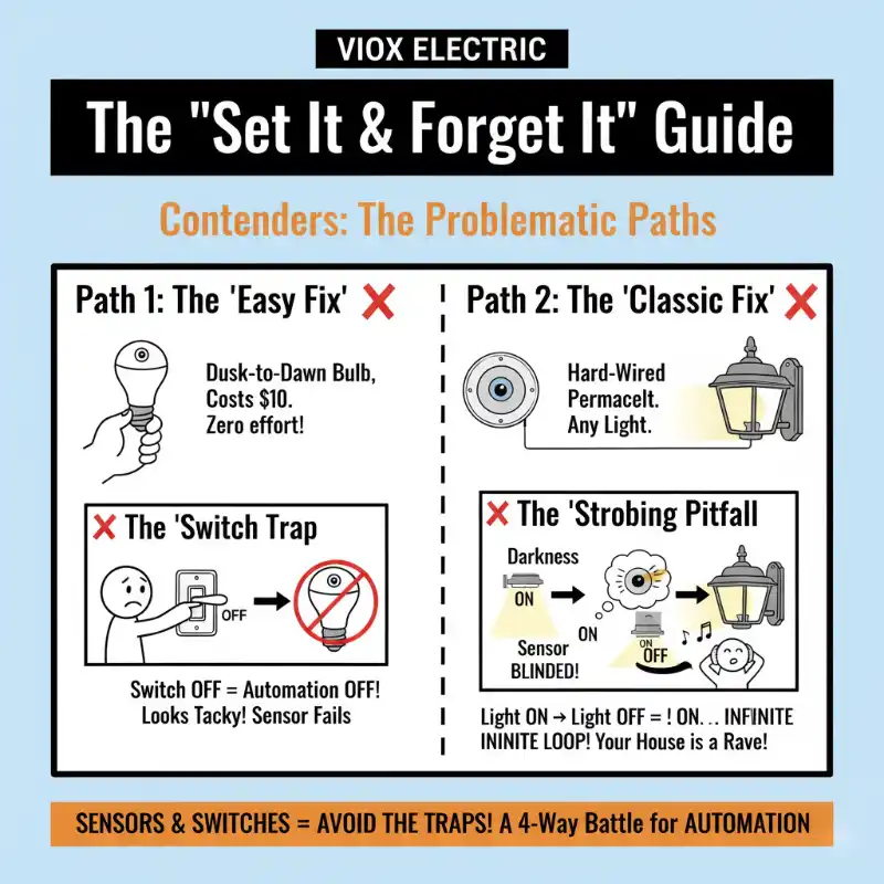 The Easy Fix (Dusk-to-Dawn Bulbs) and The Classic Fix (Hard-Wired Photocell)