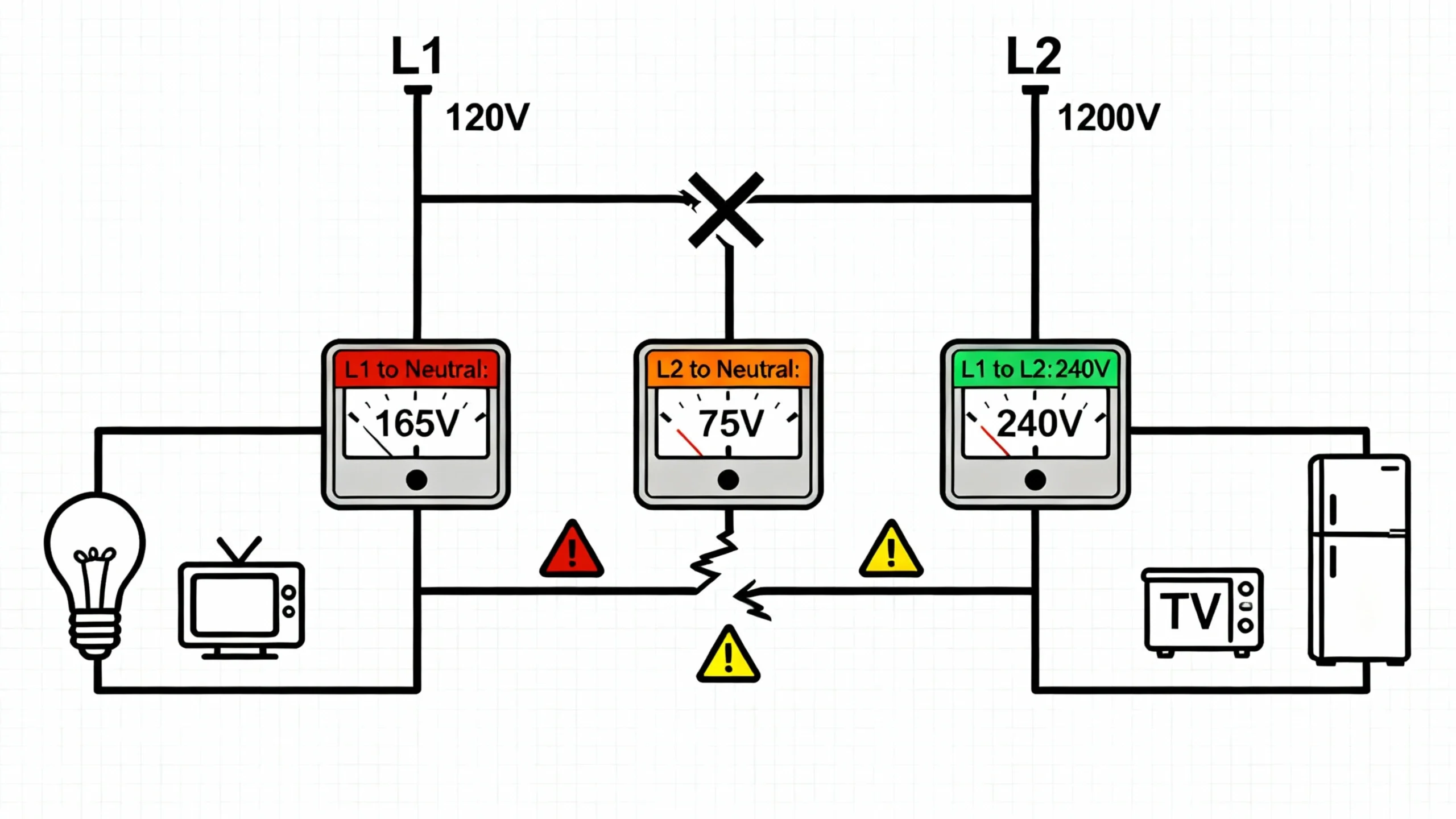 The Floating Neutral Scenario showing simultaneous overvoltage and undervoltage when the neutral conductor opens in a split-phase 120/240V service