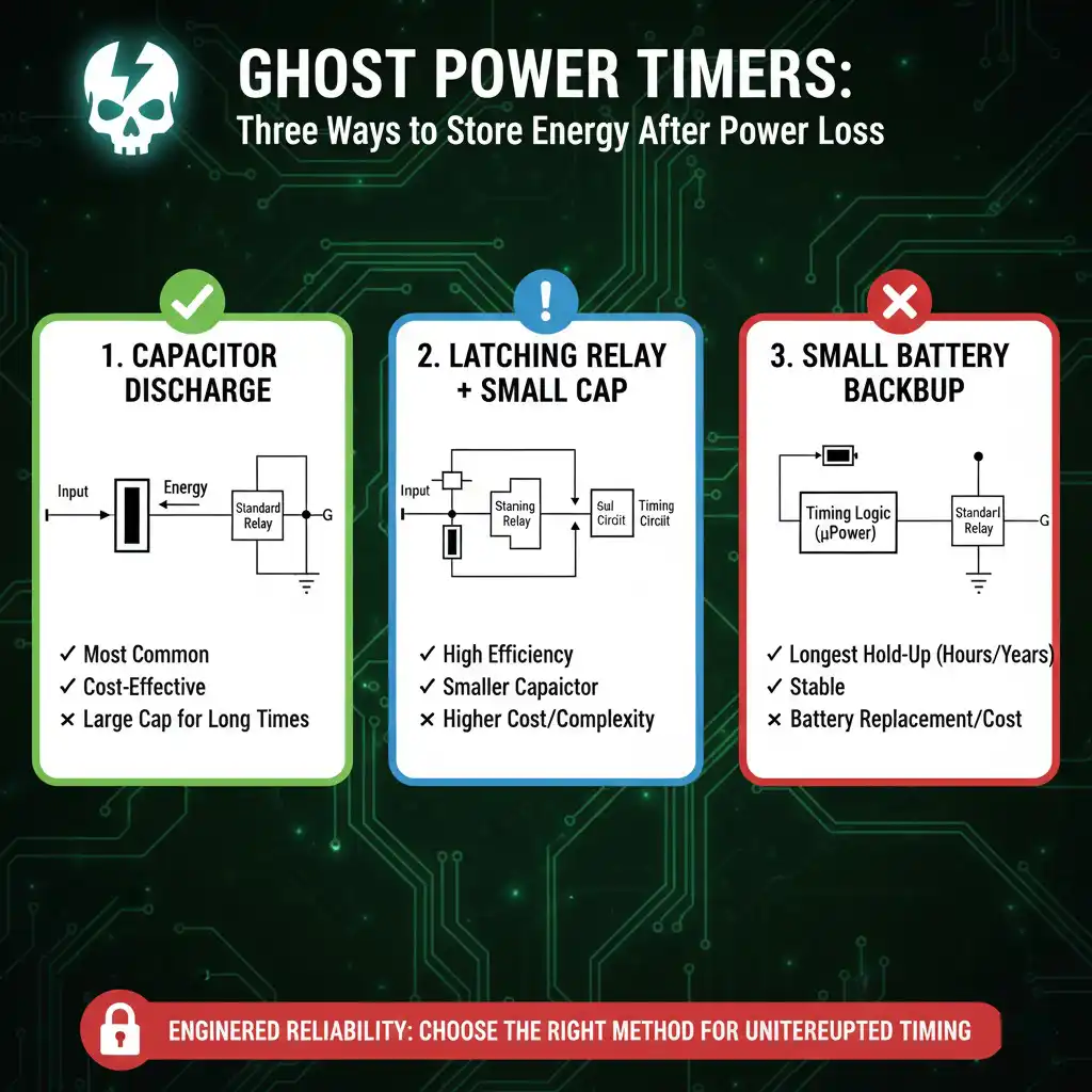 Comparison of three true off-delay relay energy storage methods: capacitor discharge, latching relay, and battery backup for timing without power