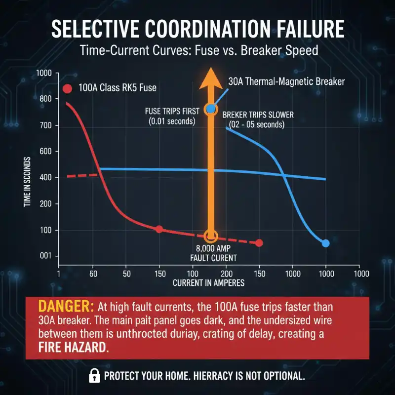 Time-current coordination curves showing selective coordination failure between 100A fuses and 30A circuit breakers