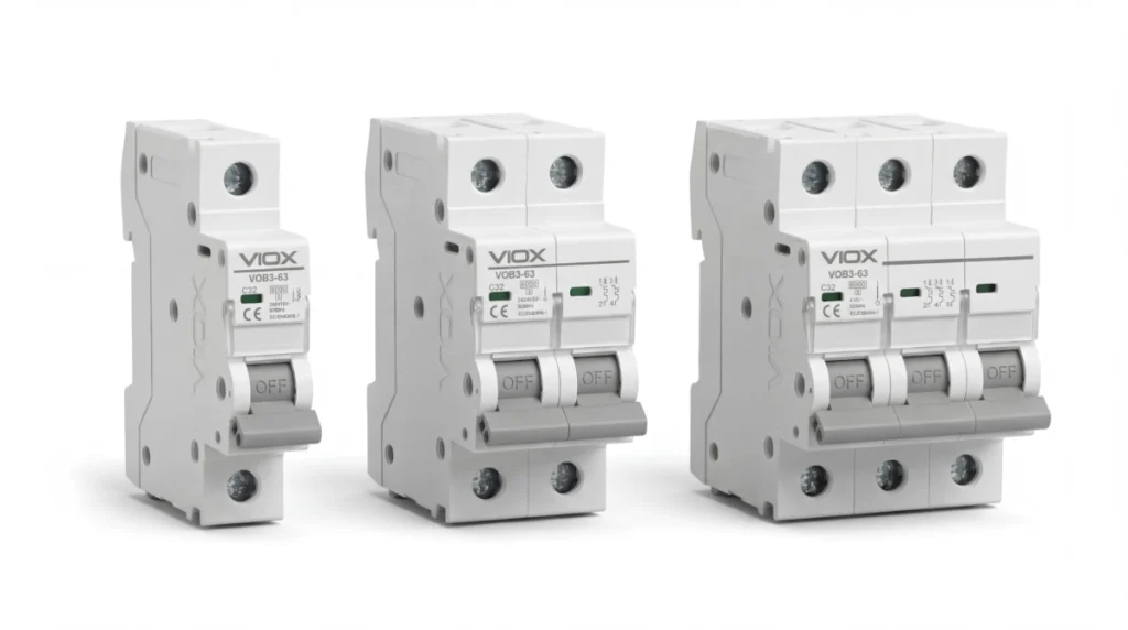 VIOX VOB3-63 Miniature Circuit Breaker (MCB) series including 1P, 2P, and 3P models