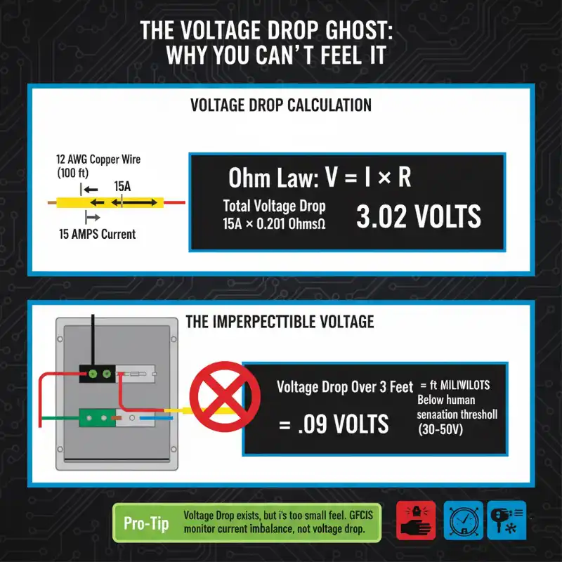 Neutral conductor voltage drop calculation showing 0.09 volts across 3 feet of 12 AWG copper wire carrying 15 amps in electrical panel