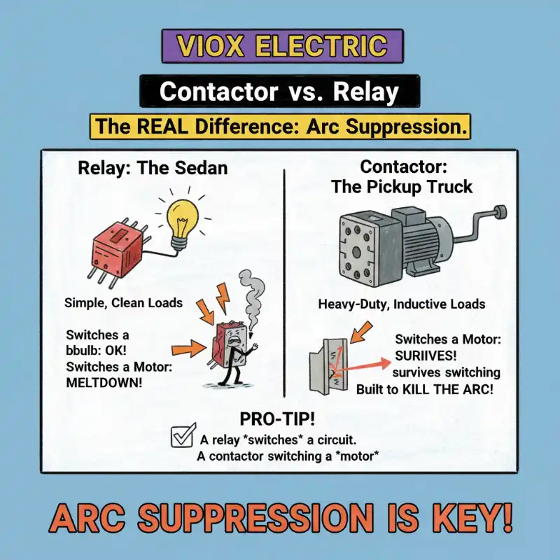 the difference between a Contactor and a Relay, focusing on Arc Suppression