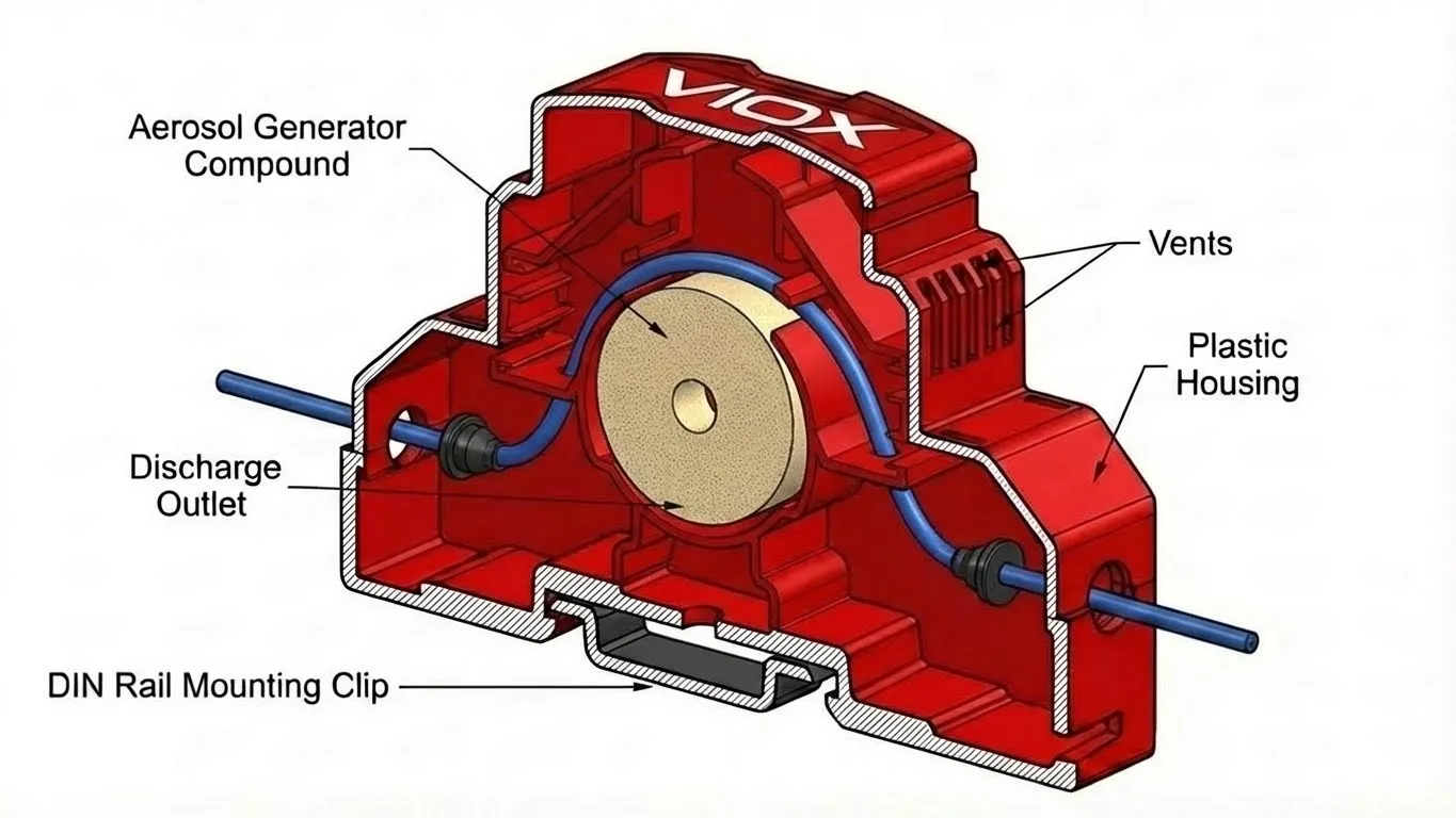 technical-cutaway-diagram-of-viox-aerosol-fire-extinguisher-showing-internal-aerosol-generator-thermal-activation-mechanism-discharge-outlet-and-din-rail-mounting-clip-with-labeled-components