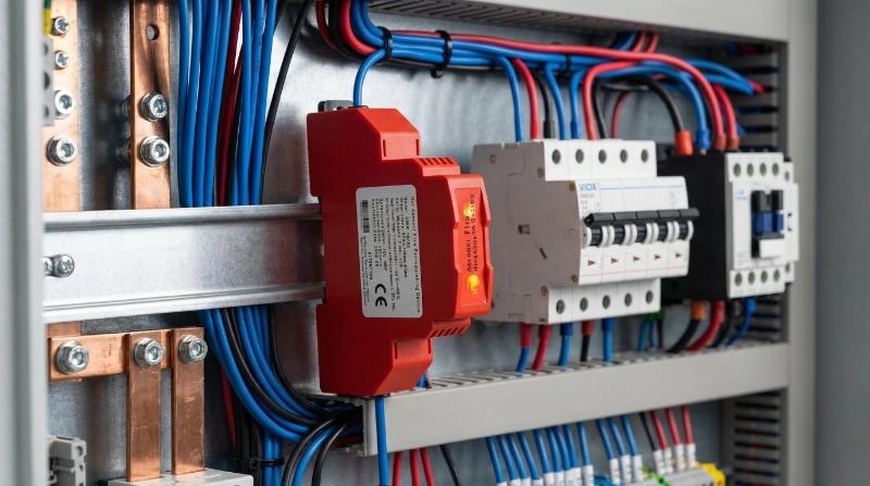 viox-hot-aerosol-fire-extinguishing-device-installed-on-din-rail-inside-an-electrical-distribution-cabinet