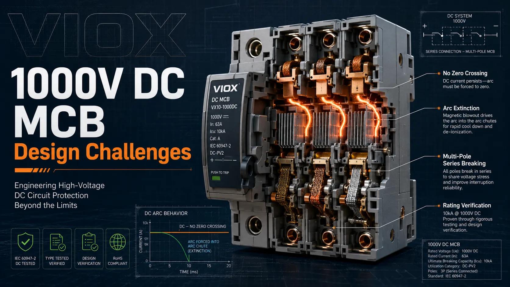 1000V DC MCB Design Challenges: Arc Extinction, Multi-Pole Series Breaking, and Rating Verification