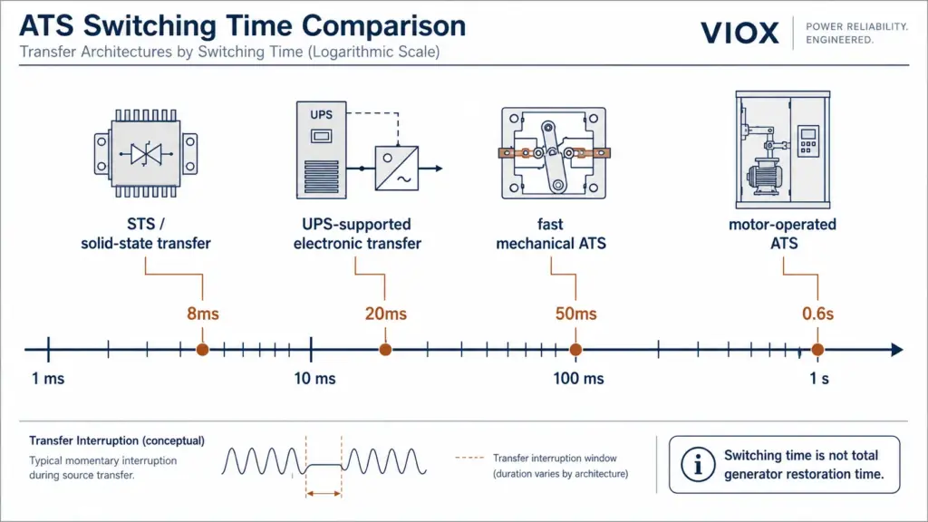 ATS-switching-time-comparison-timeline-showing-8ms-20ms-50ms-and-06s-transfer-speeds-with-STS-UPS-supported-transfer-fast-ATS-and-motor-operated-ATS-architectures