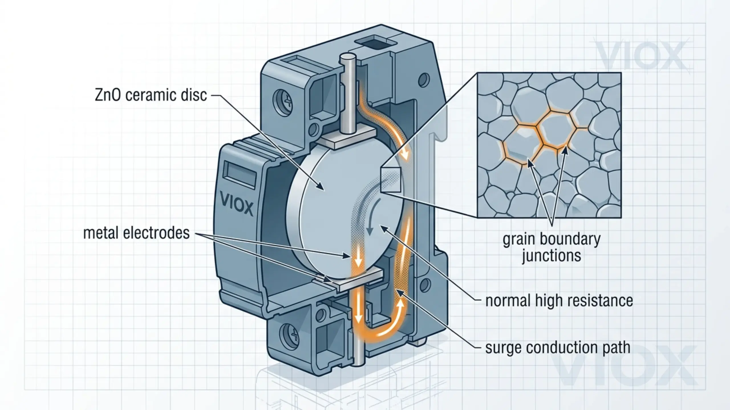 Cutaway-illustration-of-a-ZnO-MOV-inside-a-surge-protective-device-showing-ceramic-grain-boundaries-and-surge-current-conduction