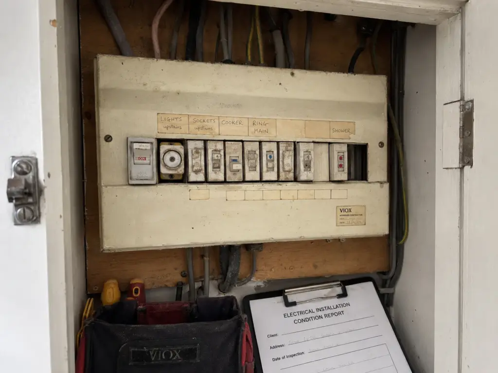 Old UK fuse box with rewireable fuses and no visible RCD protection showing signs that a consumer unit may need upgrading