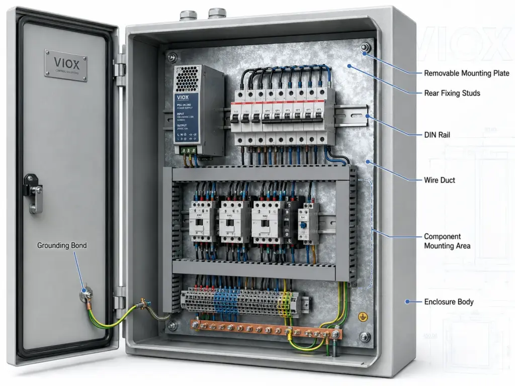 Technical cutaway diagram of an electrical enclosure showing a removable mounting plate, DIN rails, wire ducts, and control components