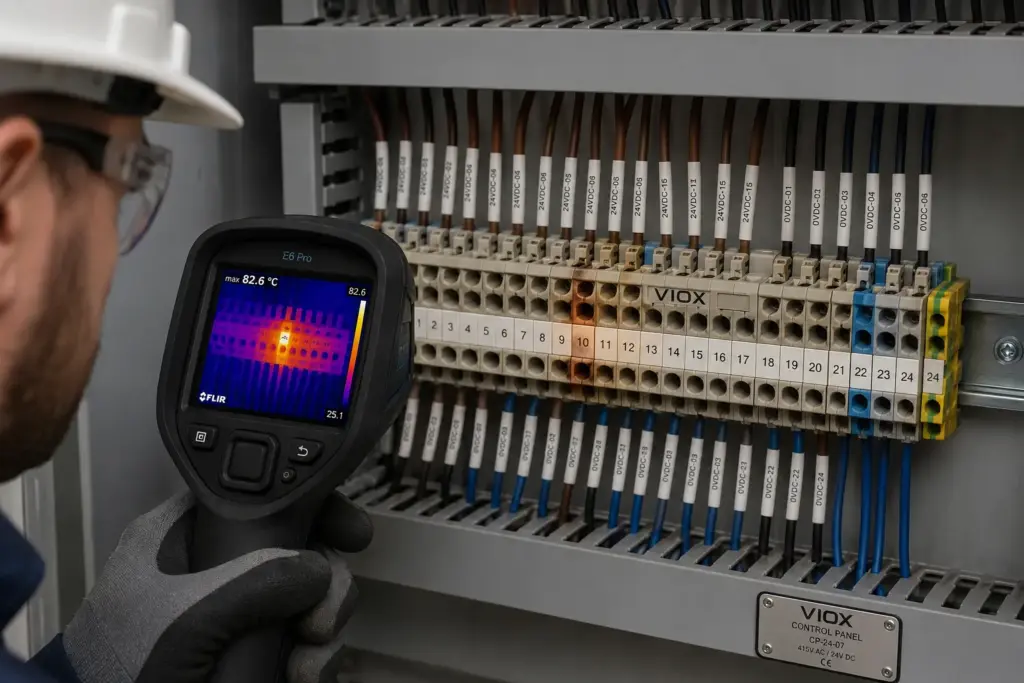 Technician-using-infrared-thermography-to-identify-a-localized-overheating-terminal-block-inside-a-control-panel