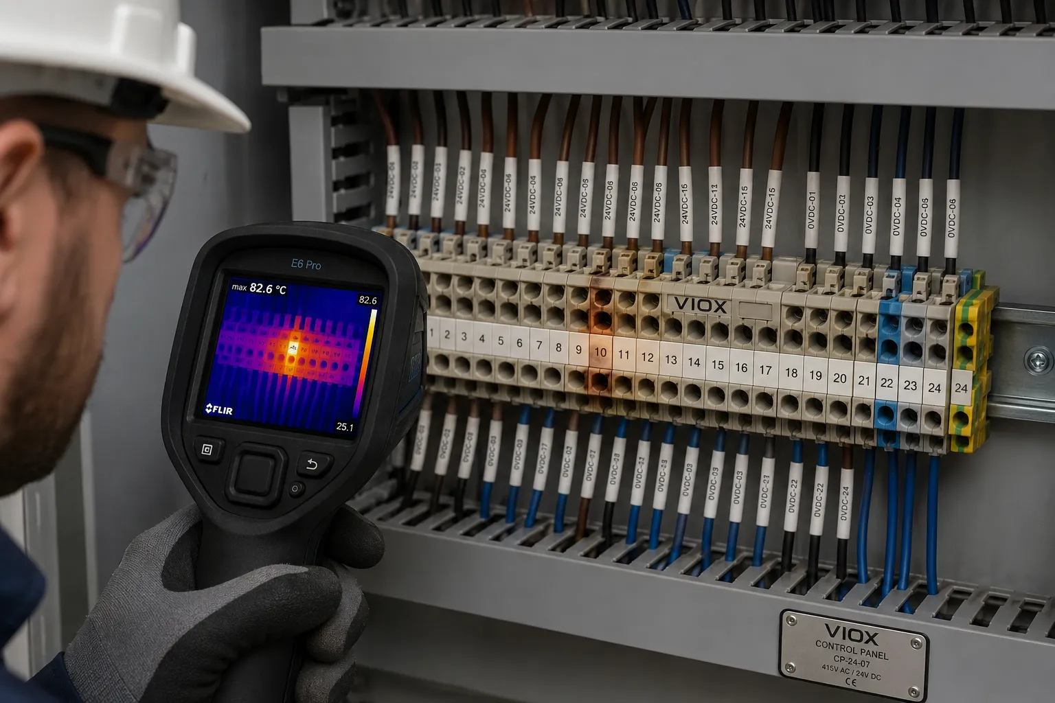 Technician-using-infrared-thermography-to-identify-a-localized-overheating-terminal-block-inside-a-control-panel
