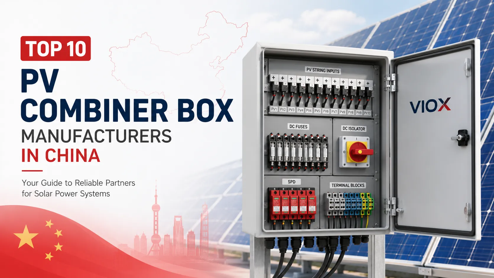 Top PV combiner box manufacturers in China with solar combiner box and subtle China flag background