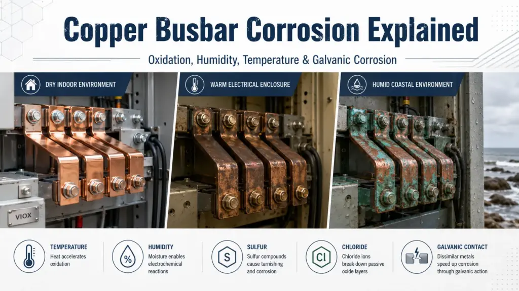 Copper Busbar Corrosion Explained: Oxidation, Humidity, Temperature, and Galvanic Corrosion